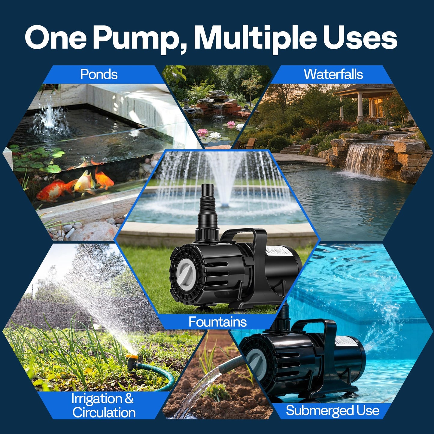 VIVOHOME 100W Adjustable Flow Submersible Water Pump, 700-1800GPH Stepless Flow Control, 14ft Max Lift, 180° Seamless Adjustable Nozzle and Barrier Pump Bag for Pond, Aquarium, Fountain, Waterfall