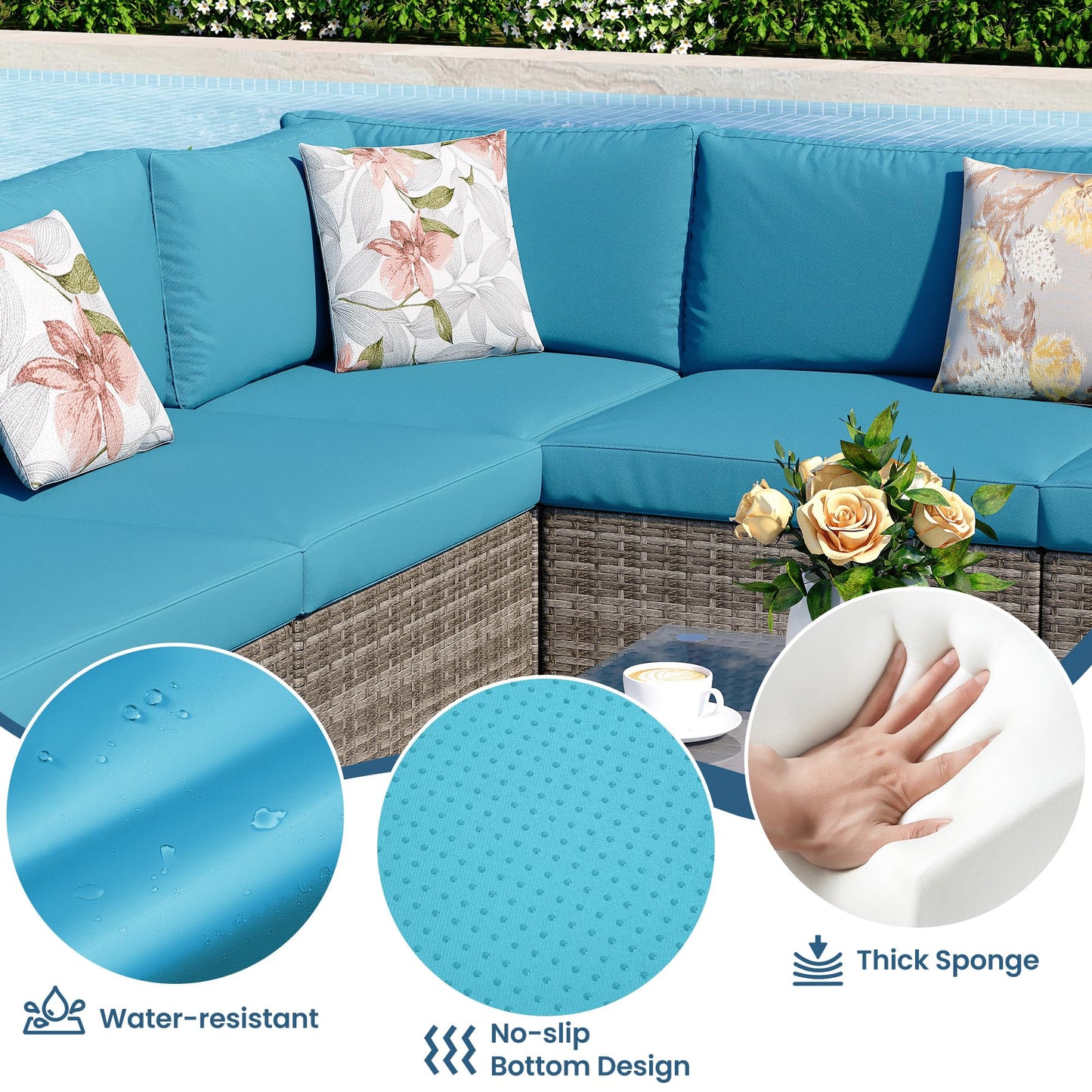 Wisteria Lane 8 Pieces Outdoor Patio Furniture Set with 43" Fire Pit Table, Wicker Outdoor Patio Sectional Sofas with Coffee Table, All-Weather Patio Conversation Set for Backyard Garden, Light Blue