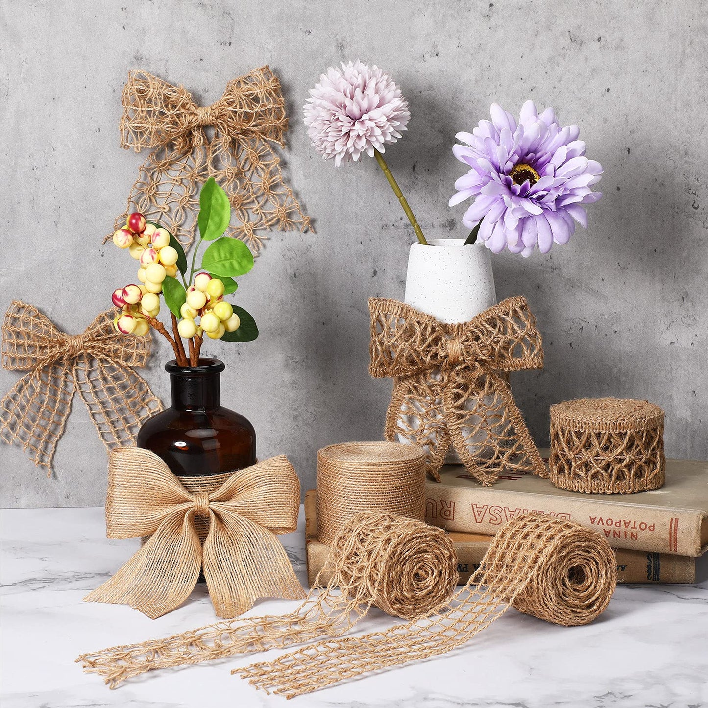4 Rolls Burlap Ribbon Wired Natural Jute Burlap Lace 1.6-2 Inch x 16.4 Yard Wrapping Ribbon for Crafts, Big Bows, Spring Outdoor Decoration, Wedding Gift Wrapping, Wreath, Holiday Party DIY Home Decor