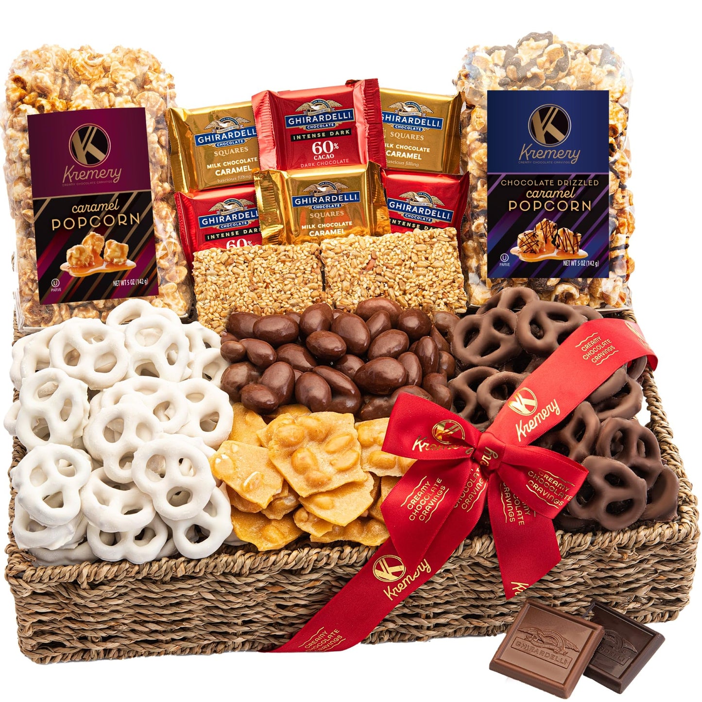 KREMERY Creamy Chocolate Cravings Mothers Day Treats, Chocolate Covered Pretzels, Nuts, Candy & Caramel Popcorn (Deluxe, 3.5 lbs) Sweet Treats in Seagrass Tray with Ribbon Kosher