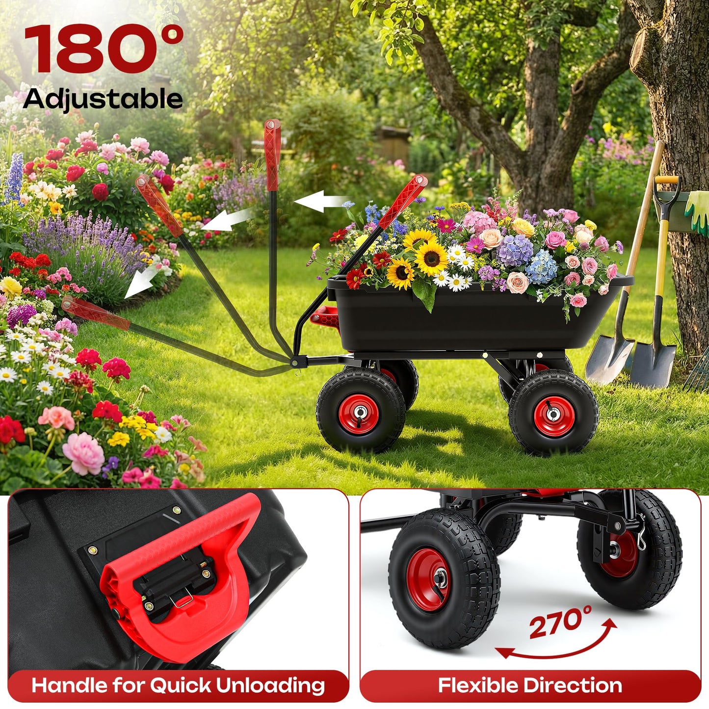 Autodaya 1200lbs Garden Dump Cart,7 Cu.Ft Utility Wagon Cart with Hitch,Heavy Duty Yard Dump Wagon Wheelbarrows with 13" All Terrain Wheels & 2-in-1 Handle,Tow Behind for Lawn Mower Tractor ATV