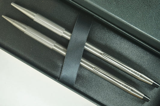 AT CROSS Cross Century Classic Titanium Gray finishes with a Band of Diamond Cut Micro-Knurl Detailing Barrel Ballpoint Pen and 0.7MM Pencil Set