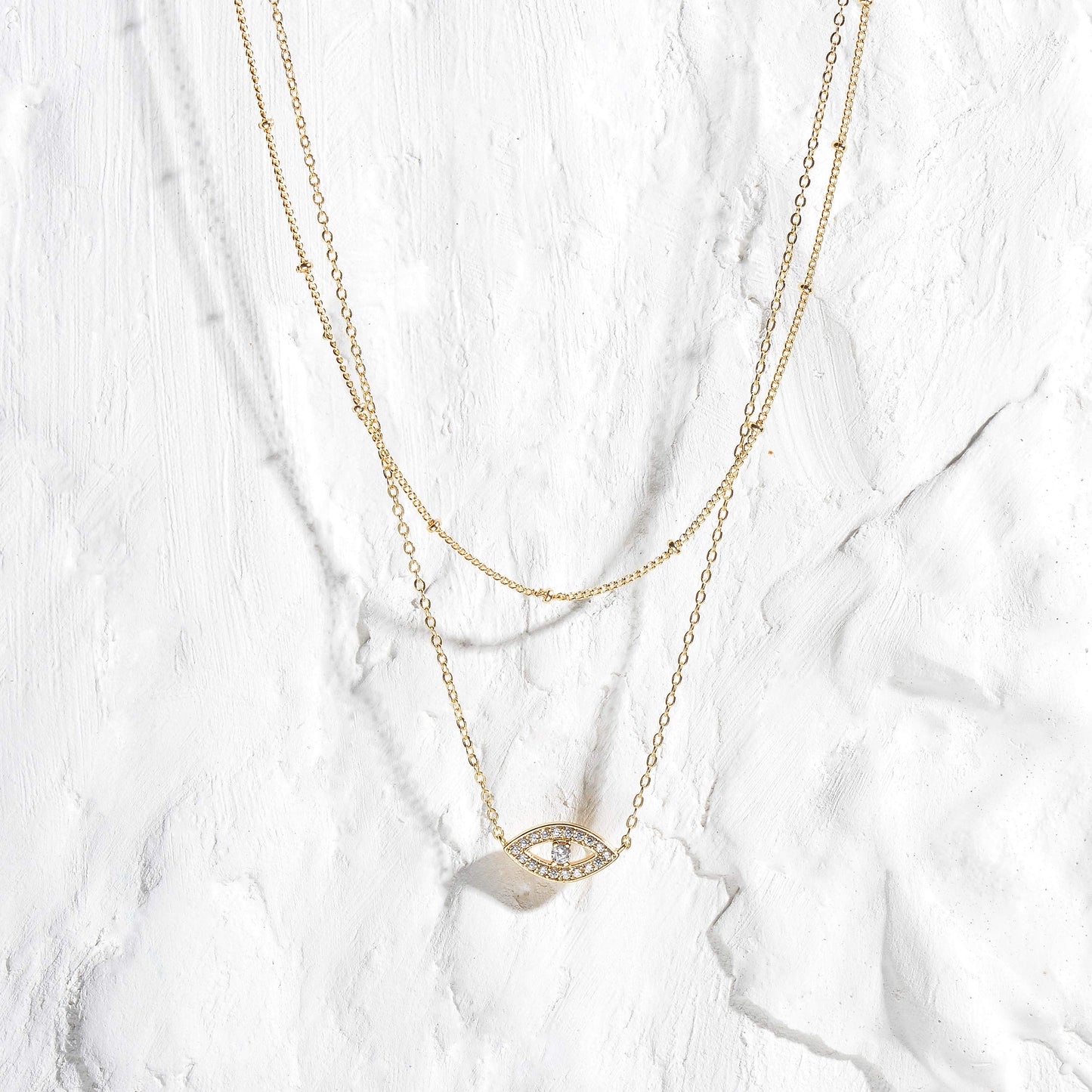 MEVECCO Gold Dainty Layered Evil Eye Necklace,18K Gold Plated Cute Delicate Tiny White Cubic Zirconia Solitire Bead Chain Necklace,Layer Minimalist Necklace for Women