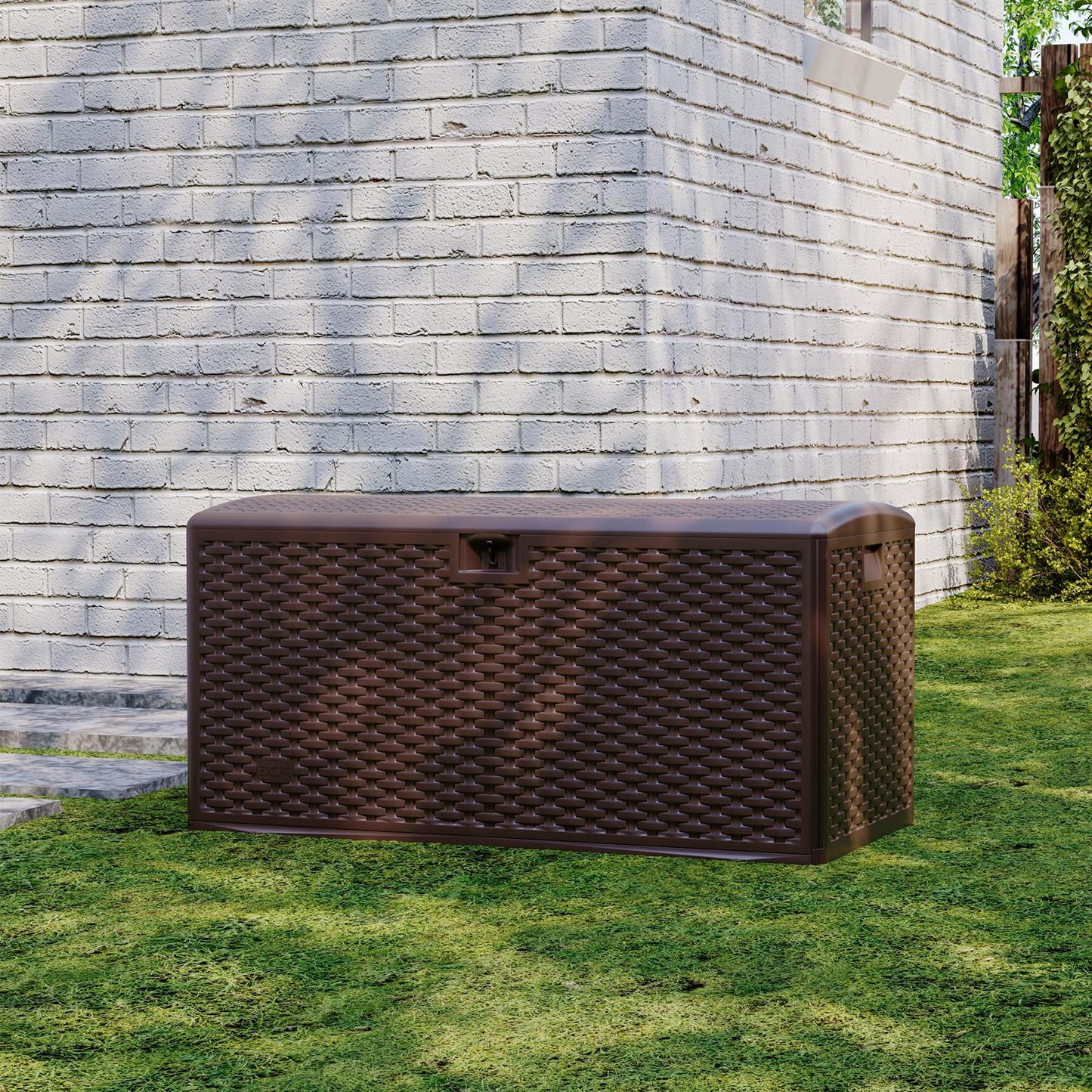 PeacefulHues 120 Gallon Waterproof Large Resin Deck Box Indoor Outdoor, Lockable Storage Container for Patio Furniture Cushions, Throw Pillows, Garden Tools, and Pool Floats, Brown