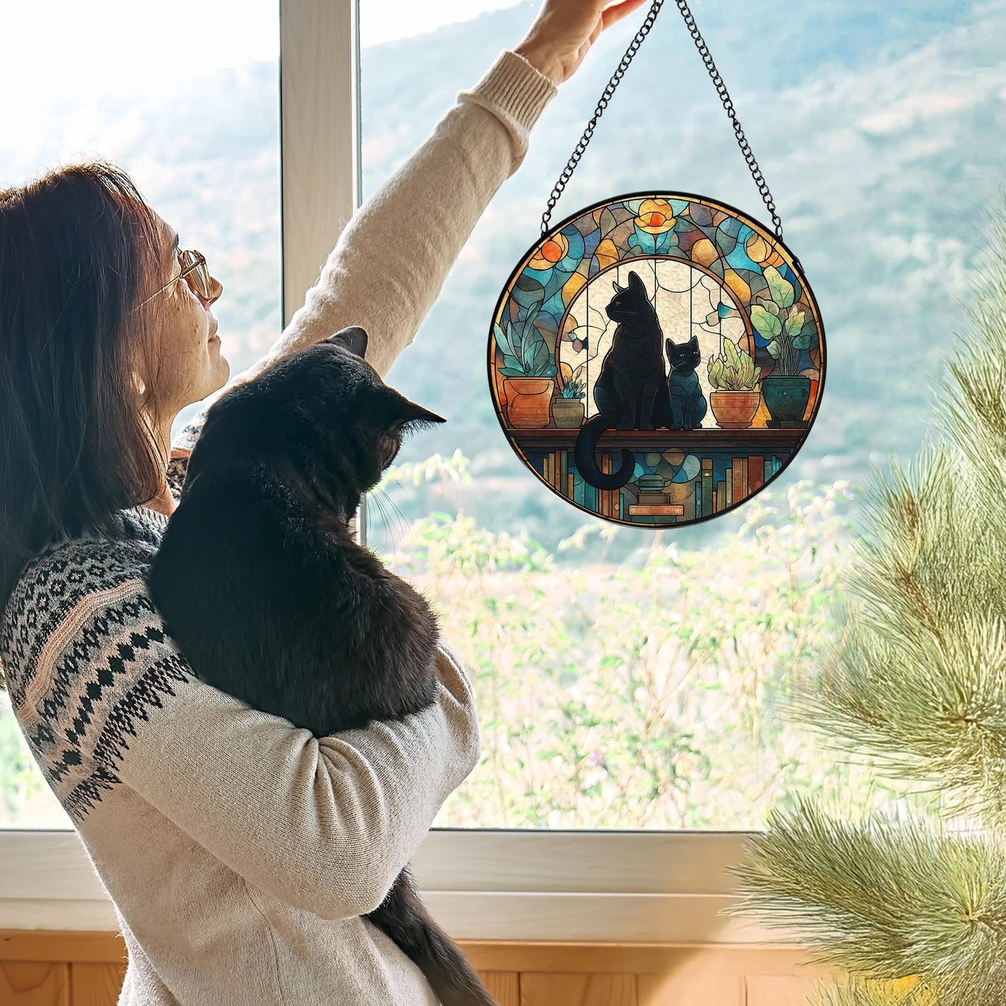 LIANGEAGOM Black Cat Book Lovers Stained Glass Window Hanging, Book Lovers Reader Gifts Suncatchers Sun Catchers Indoor Window Glass Wall Art Decorations, Black Cat Gifts for Women, 7.9x7.9in, Patio