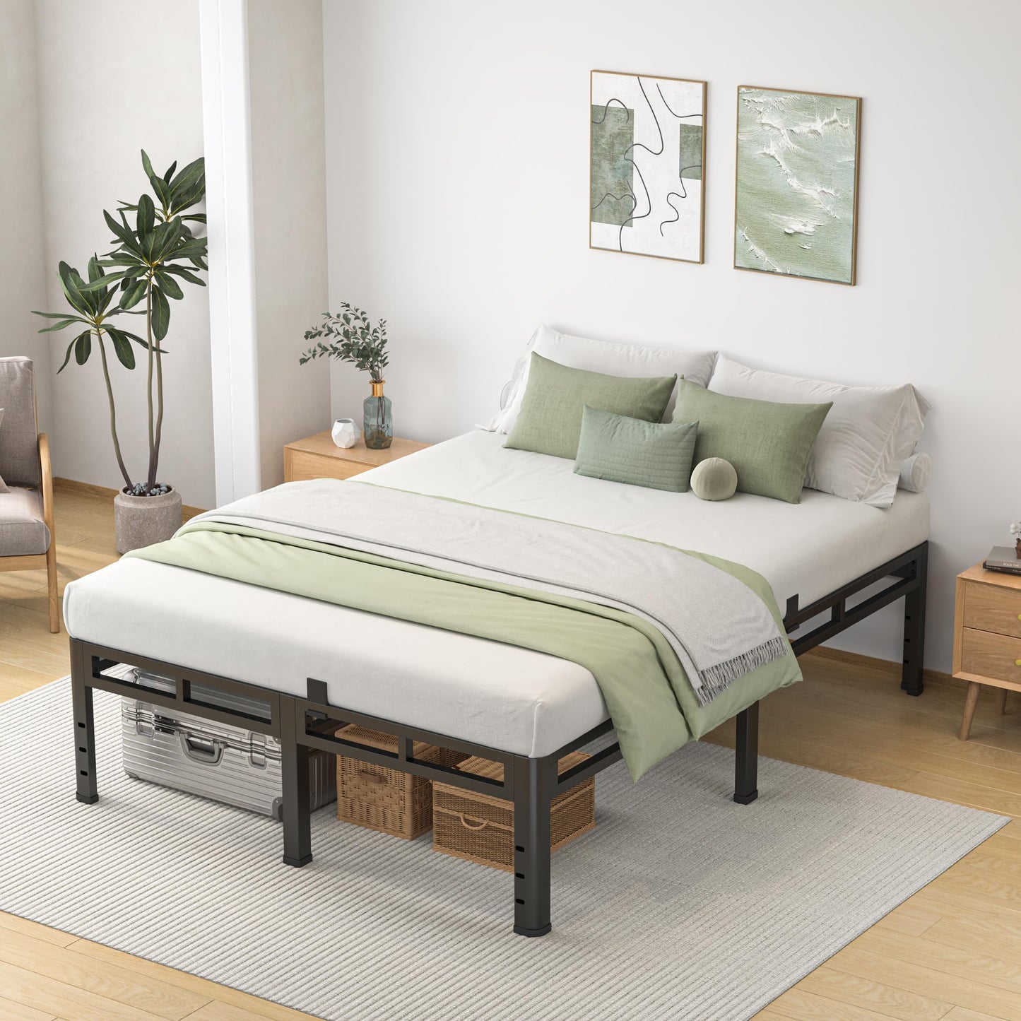 NKZ Queen Size Bed Frame 20 Inch, Metal Bed Frame & Box Spring 2 in 1 Platform with Round Corner Legs, 4000lbs Weight Capacity Reinforced Metal Frame, Headboard Hole, Noise-Free, Easy Assembly