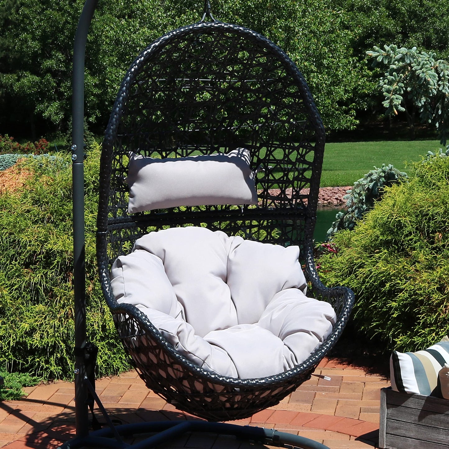 Sunnydaze Cordelia Egg Chair with Cushions -Resin Wicker Hanging Chair with 265-Pound Weight Capacity - Hanging Swing Includes Gray Polyester Cushion and Headrest