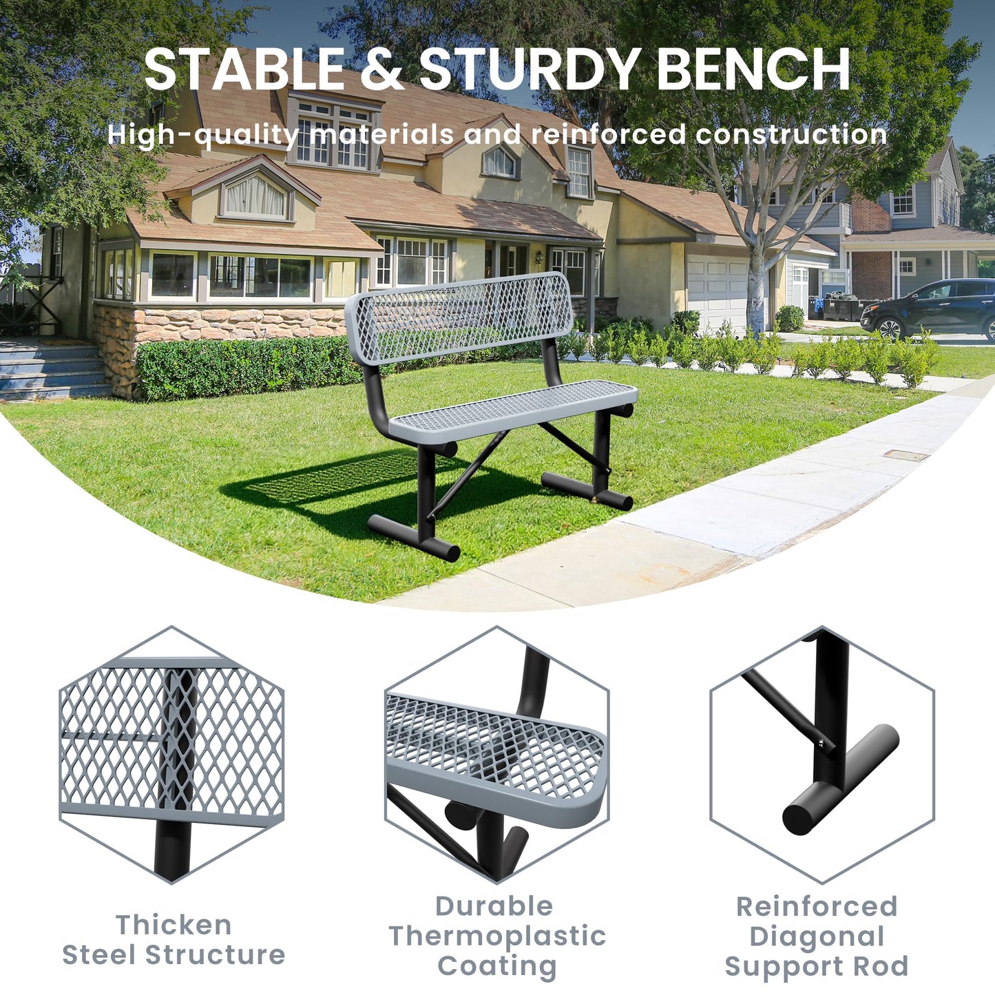 Sunnibety 4 Feet Steel Park Bench for Outside, Outdoor Bench with Backrest & Portable Frame, Commercial Benches for Shopping Malls, Stores, Parks, Patios, Decks, Grey