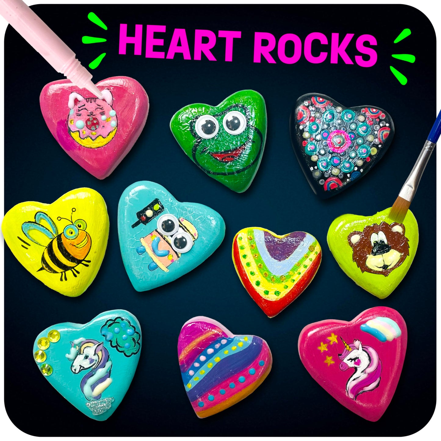 Hearts Rock Painting Kit for Kids Girls - Glow in Dark Art Supplies Ages 4-12 - Complete STEM Craft Set with Puffy Paint Stickers Gems Paints - Educational Birthday Easter Gifts Art Toys for Girl
