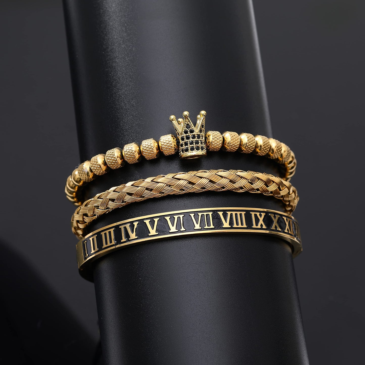 WFYOU 3PCS Stainless Steel Bracelets for Men Gold Roman Numeral Bangle Bracelet Twisted Cable Bracelet Adjustable Cuff Bracelet Mens Luxury Jewelry Bracelets Gifts(I:Gold)