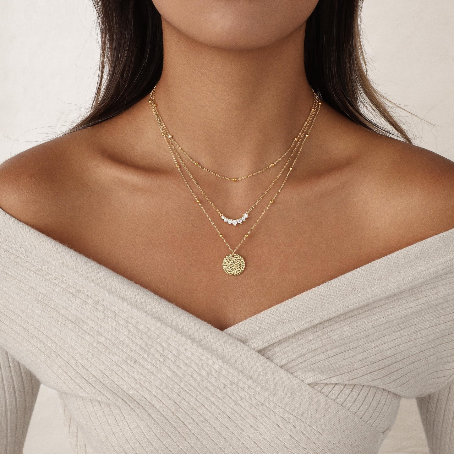 Hothrty Layered Gold Necklaces for Women Trendy Dainty Necklace Stack Coin Simple Circle Cubic Zirconia Pendant Bead Necklaces Set Gold Necklace Jewelry for Women