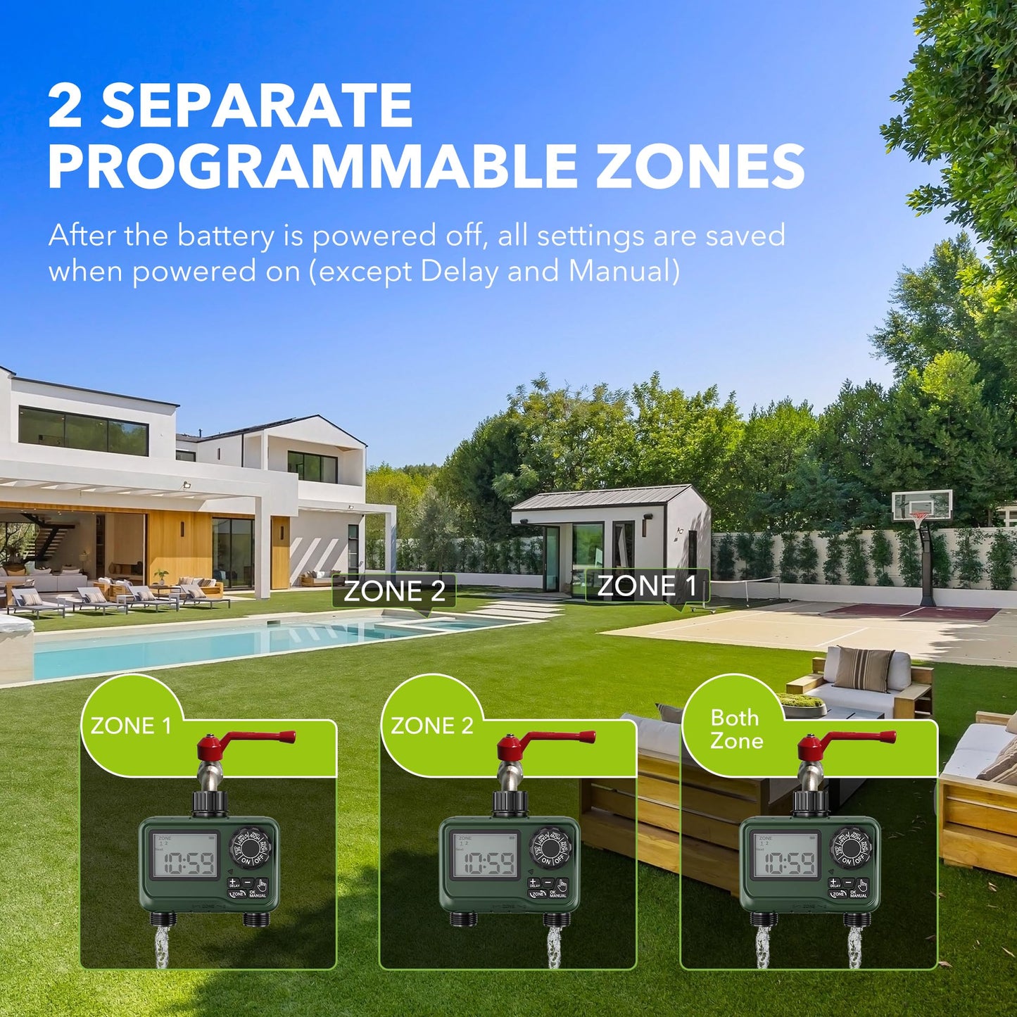BN-LINK Sprinkler Timer Outdoor - 2 Zone Programmable Water Timer with Rain Delay, Automatic Irrigation System for Lawns & Garden Hoses - Waterproof Manual Controller with Large LCD Display