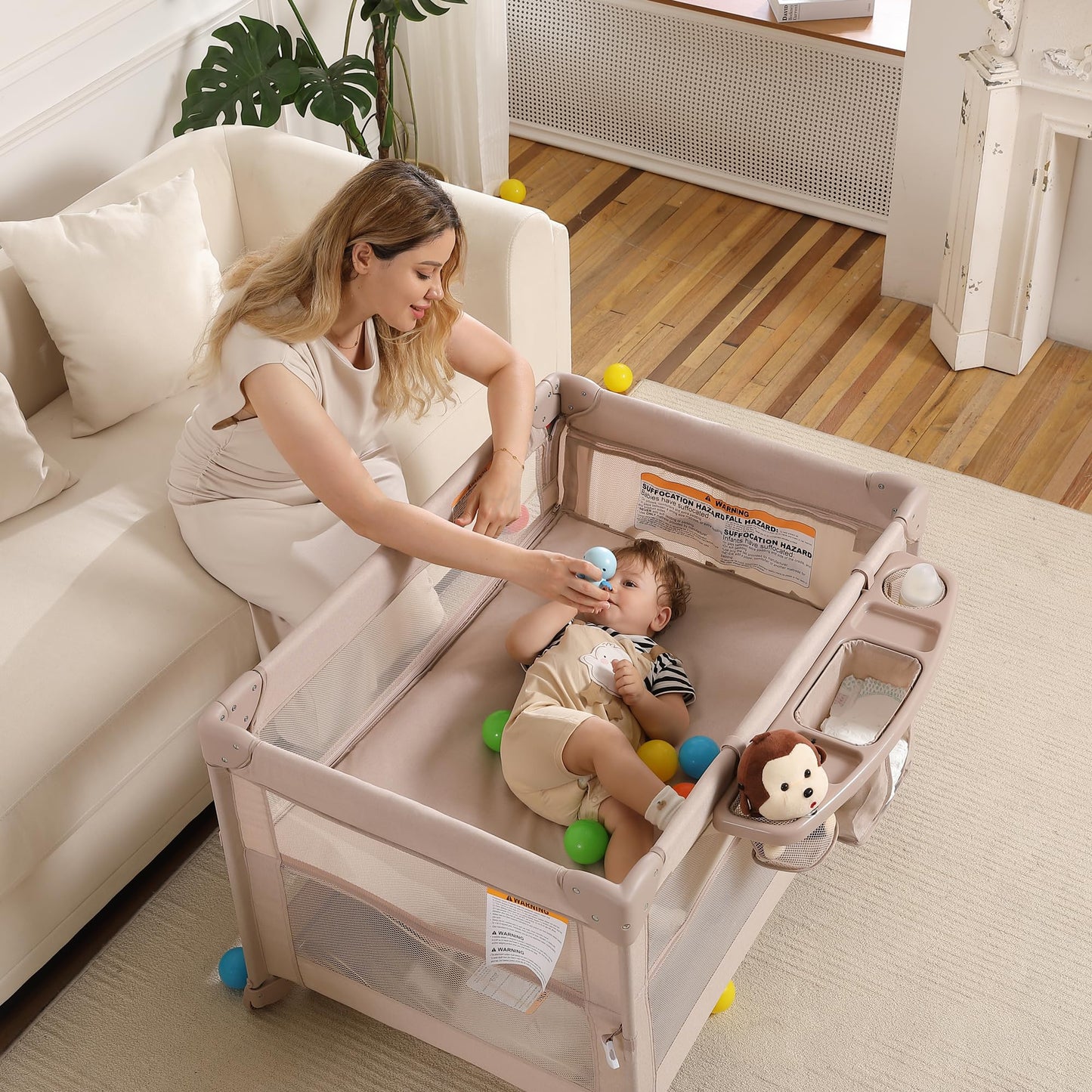 4 in 1 Pack and Play, Portable Travel Baby Bassinet, Foldable Travel Playard Playpen for Toddler, Bedside Crib Sleeper, Diaper Changer Table, Baby Playard for Newborn (Champagne)