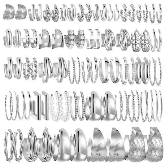 36 Pairs Gold Hoop Earrings Set for Women Multipack, Hypoallergenic Chunky Chain Twisted Hoop Earrings Pack, Fashion Dangle Earrings Jewelry for Gift (D-42Pcs Silver)