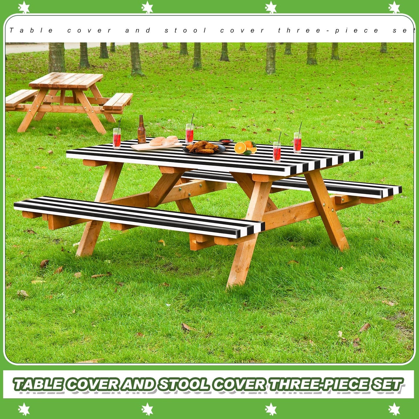 SmoothNovelty Picnic Table Cover with Bench Covers 72 x 30 Inch Waterproof Elastic Fitted Outdoor Stripe Tablecloth for 6 ft Rectangle Tables, School Camping Accessories Park(Black and White)