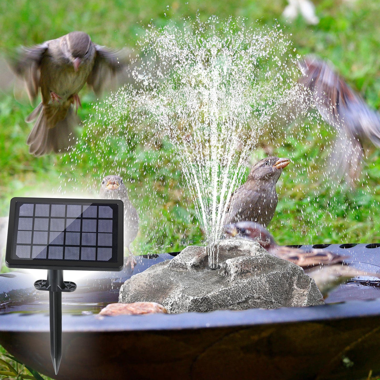 Solar Fountain Bird Bath with Solar Panel, Rockery Granite Water with 5 Nozzles Solar Water Fountain for Birdbath Outdoor, Pond, Patio Garden, and Fish Tank