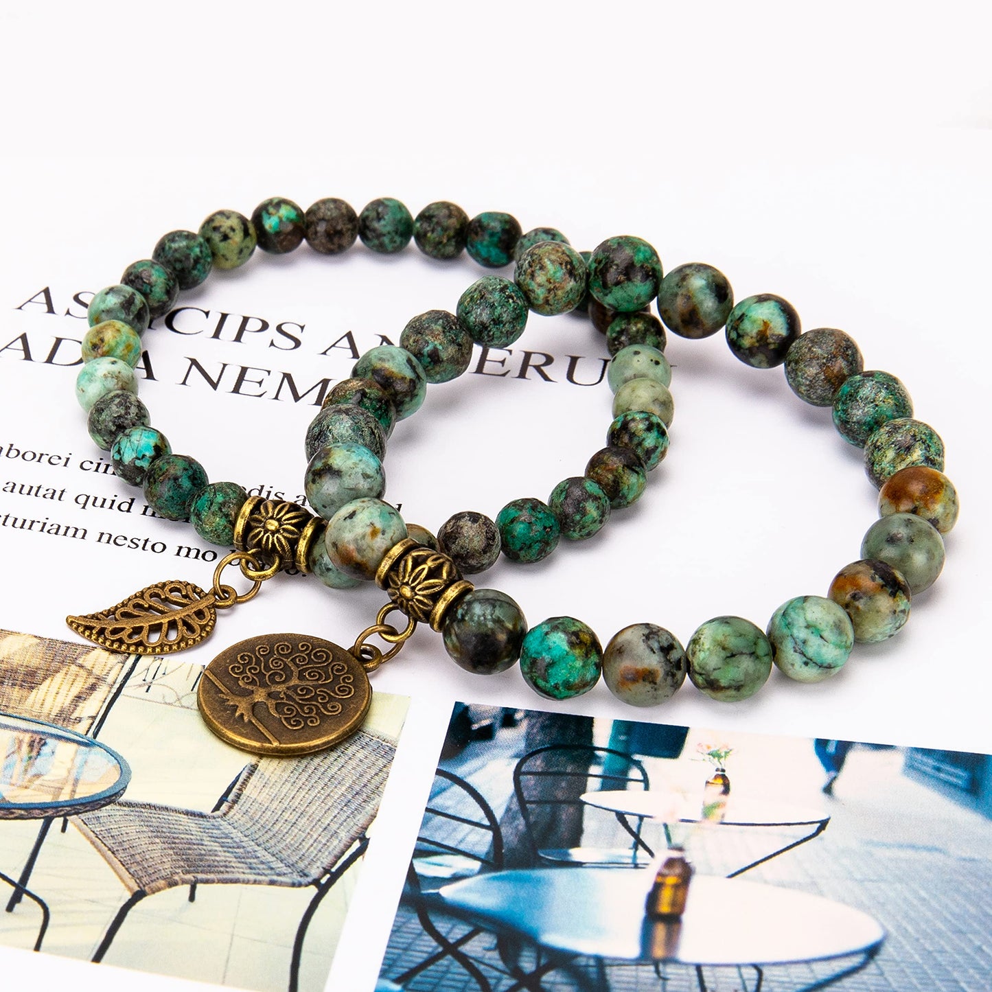 Bivei Natural Semi Precious Gemstone Beads Bracelet for Women - Life Tree and Leaf Charm Chakra Energy Anxiety Stretch Bracelets(African Turquoise)