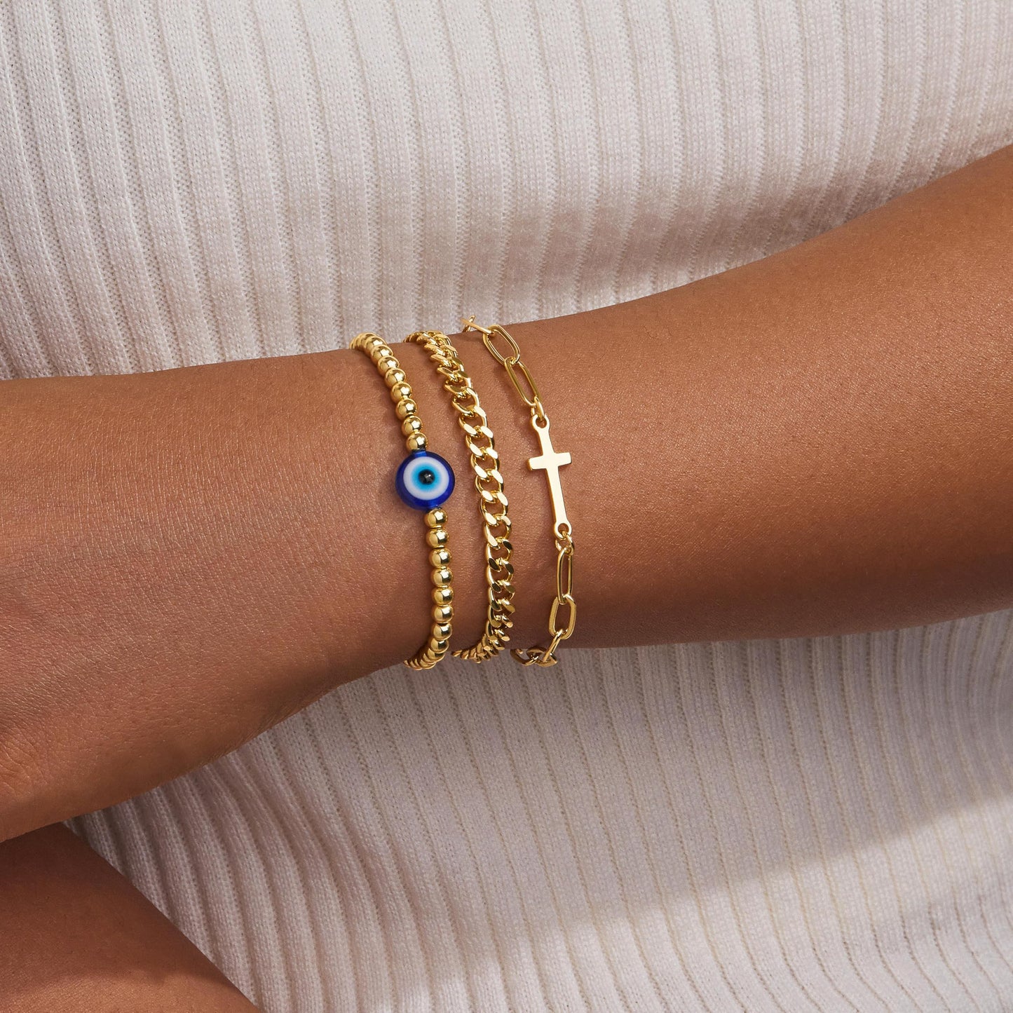 Gold Bracelet for Women, Dainty 14k Gold Filled Bracelets Set Adjustable Stretch Beaded Cuban Cross Bracelet Stack WaterProof Jewelry Gifts for Women