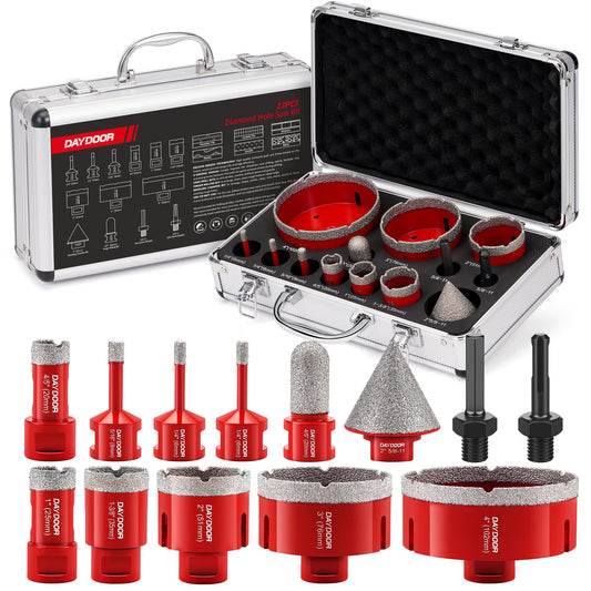 DAYDOOR Diamond Hole Saw Kit, 13-Piece Tile Hole Saw Kit 6/6/8/20/25/35/51/76/102mm, Vacuum Brazed Core Drill Bits for Porcelain Tile, Granite, Marble, Stone