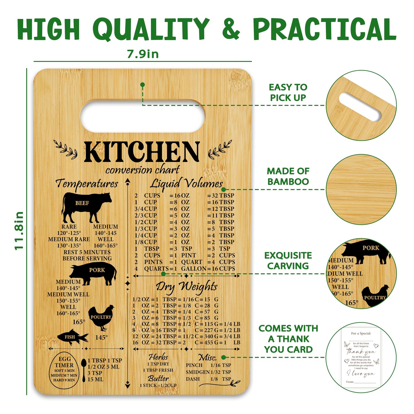 Unique Gifts for Women Mom, Kitchen Conversion Chart Bamboo Cutting Board, Charcuterie Board for Kitchen Decor, Cooking Gifts for Couple Neighbor Family Friends -16