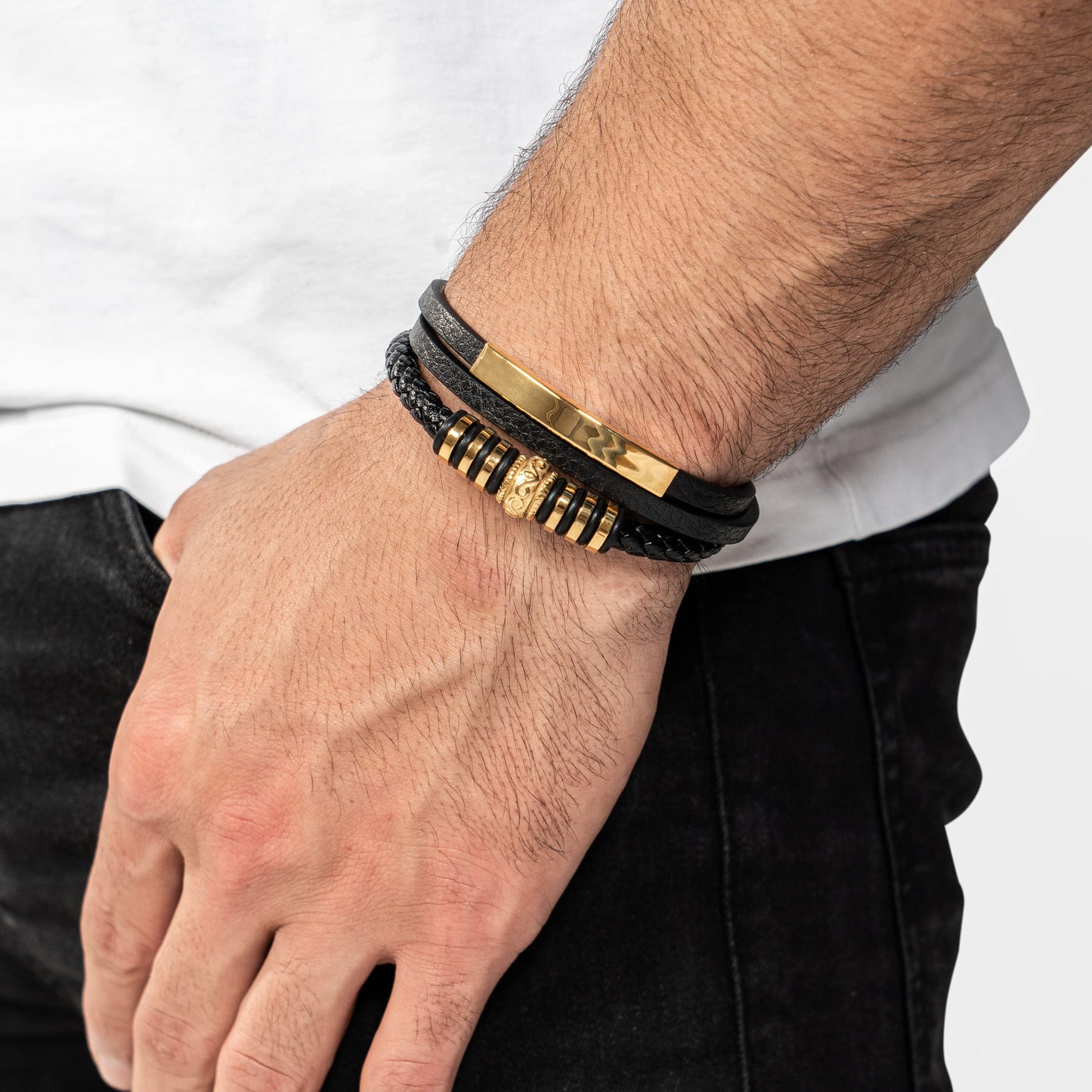 SERASAR Gold Bracelets for Men 17cm Bracelet Gift Box Genuine Leather Cowhide Braided Adjust Able Magnetic Clasp Multi Layer Wrap Rope Man Mans Male Band Jewelry Magnet Accessories