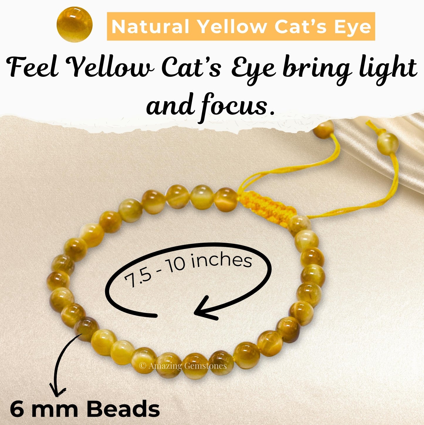 Amazing Gemstone Yellow Cats Eye Bracelet for Women Men's Gifts - Protection Healing Crystal Bracelet - 6mm Gemstone Beaded Adjustable Bracelet