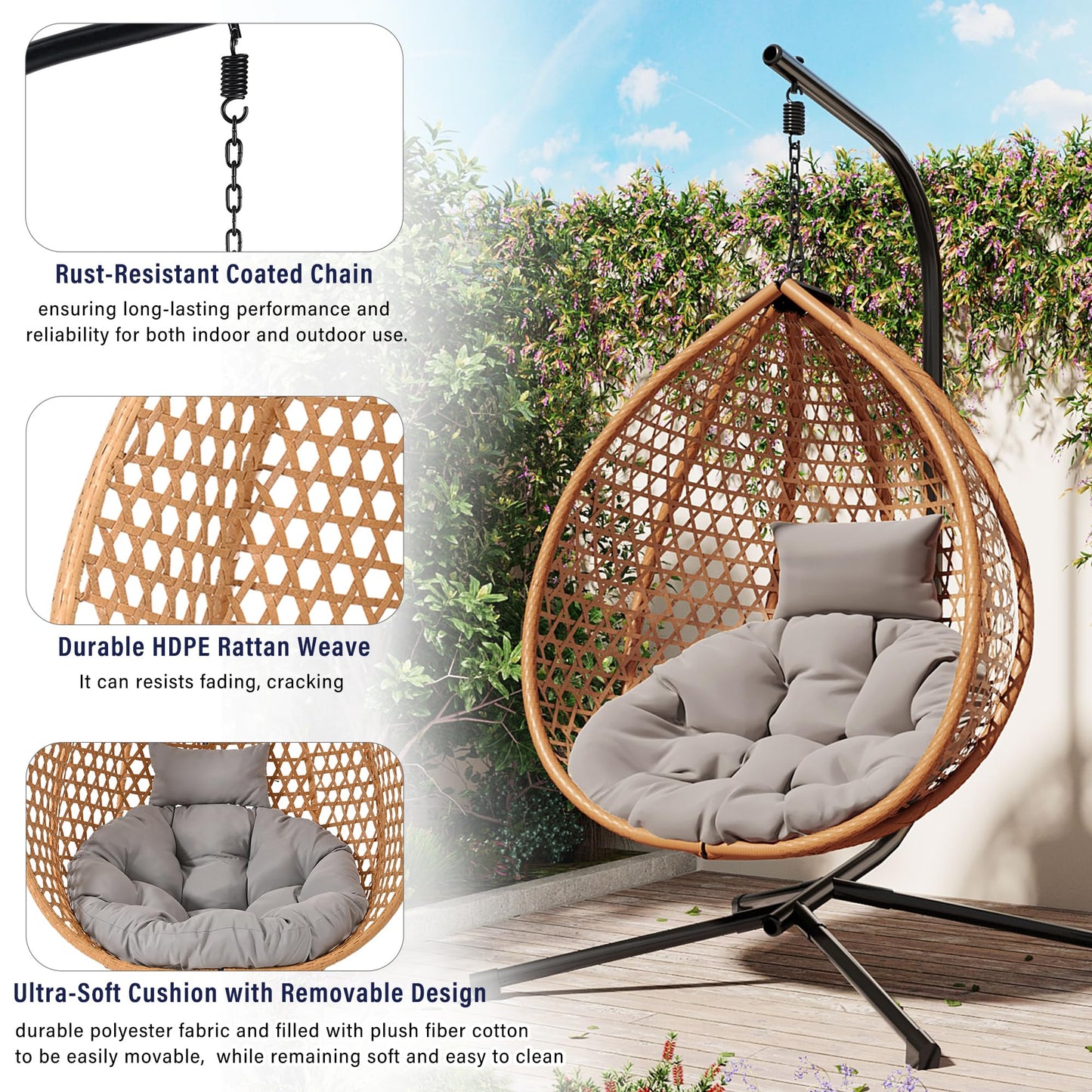 GDFStudio Hammock Chair with Stand, Rattan Weave Hanging Egg Chair with Cushion, Iron Frame Swing Ceiling Chair for Indoor Outdoor Patio Balcony Porch Garden, Patio Furniture, 330lbs, Brown+Gray