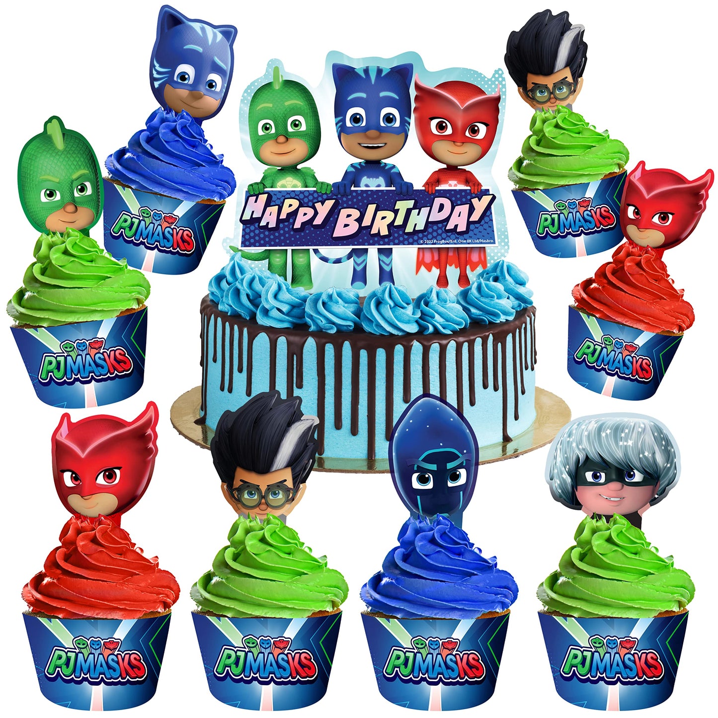 Treasures Gifted Officially Licensed PJ Masks Party Decorations - Cake Topper Set - PJ Masks Birthday Party Supplies - (1) Cake Topper & (24) Cupcake Toppers & Wrappers