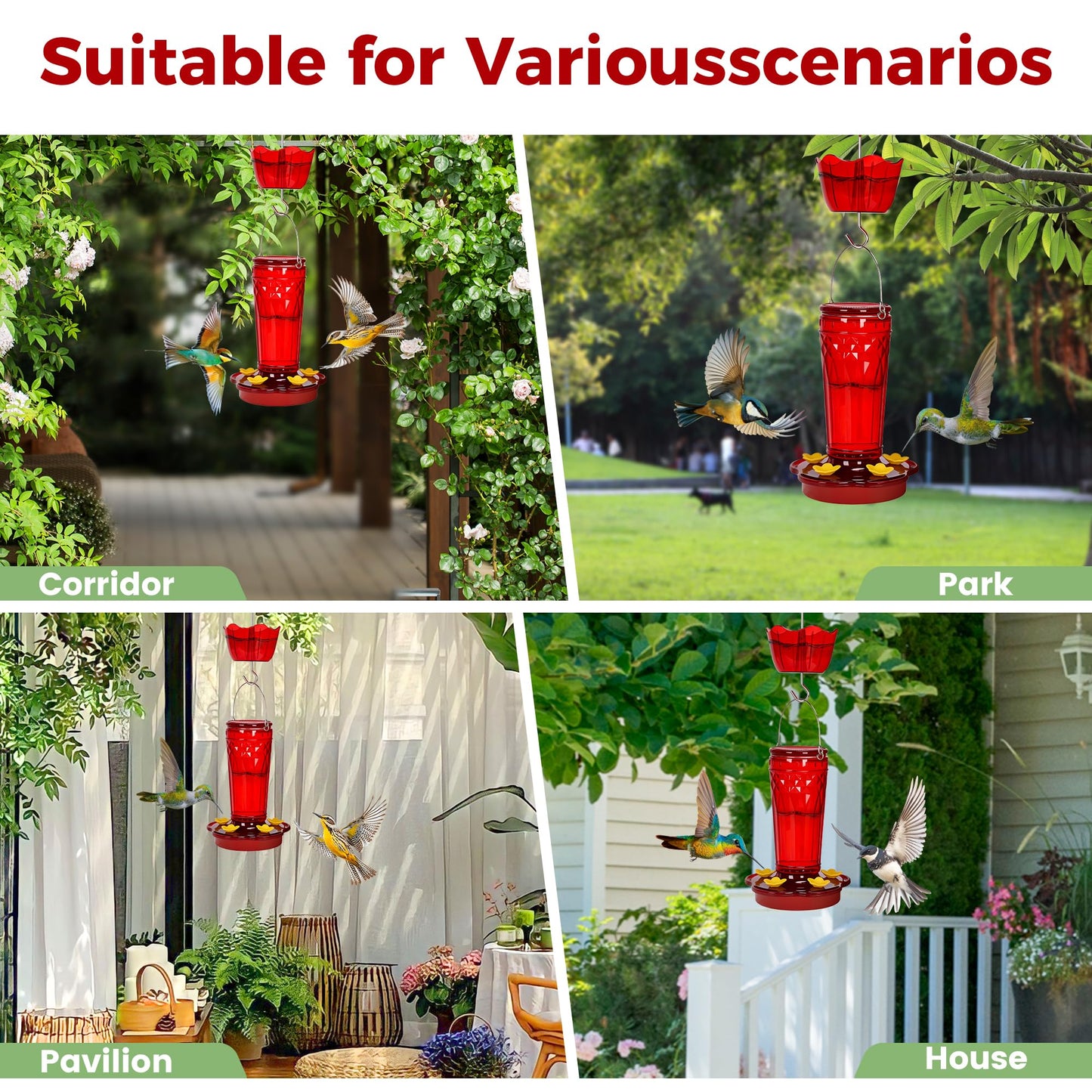 Zamelane Glass Hummingbird feeders for Outdoors 2pack-14Ounces，5 Feeding Ports Hummingbird Feeder,Wide Mouth for Easy Filling/Cleaning，Hanging for Garden Backyard Decor, Includes Ant Moat (Red，2Pack)