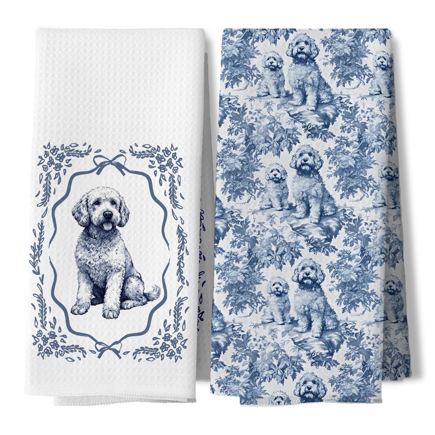 DAYOUER Chinoiserie Goldendoodle Kitchen Dish Towels, Goldendoodle Gifts, Blue and White Chinoiserie Golden Doodle Decor Hand Tea Towels for Bathroom Kitchen, 16x24 Inches Set of 2