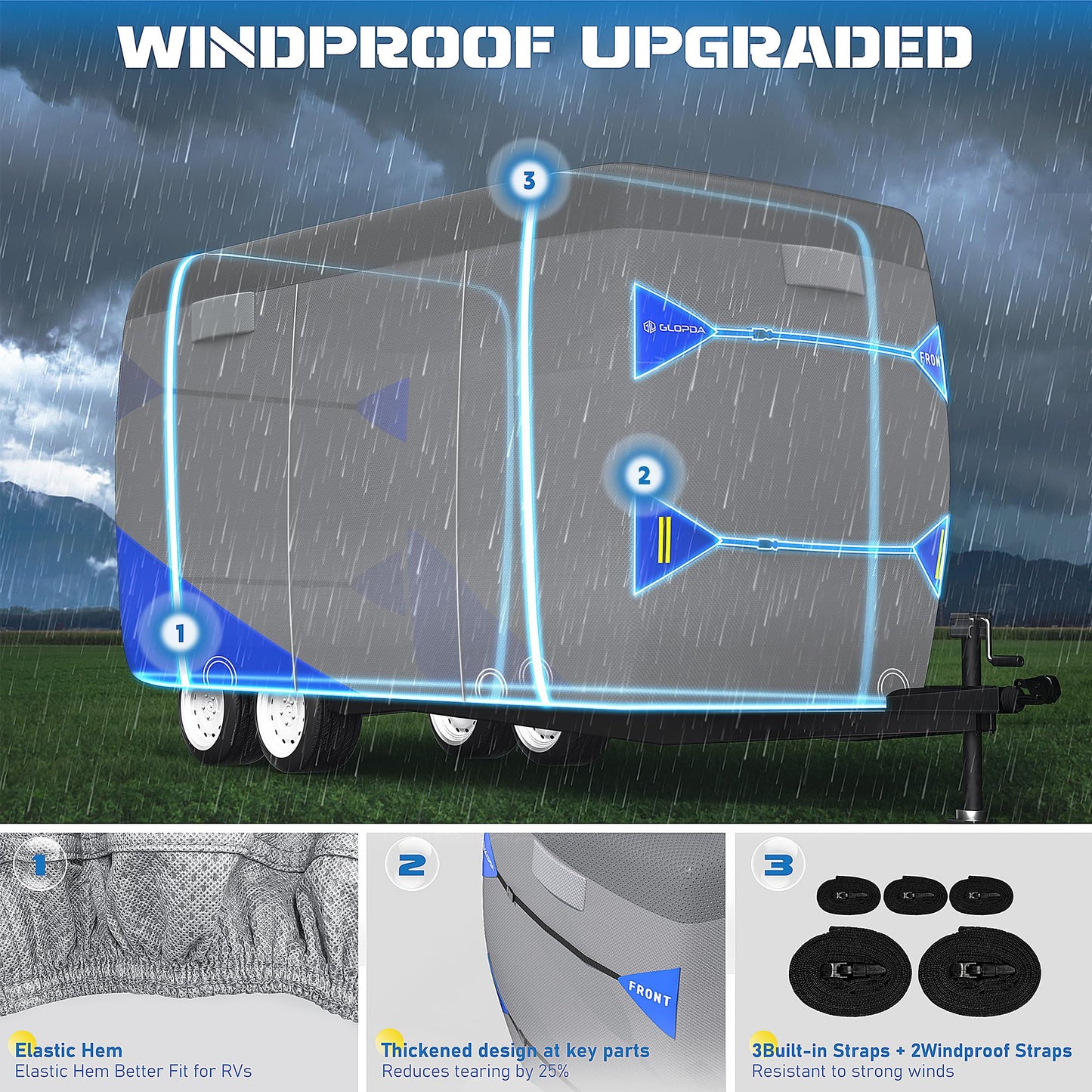 Fiberglass Travel Trailer Cover Fits 13' - 16' Trailers, Anti-Tear 7 Layer Top Camper RV Cover, Superior RV Covers with Windproof Strap, Adhesive Repair Patches