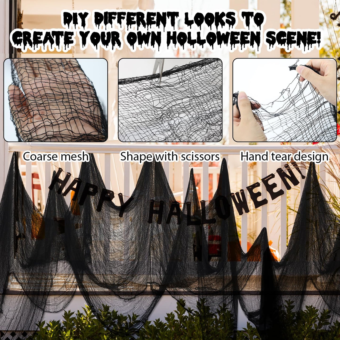 Diteryy Halloween Creepy Cloth 400 x 85 Inch Black Halloween Spooky Fabric with Cobwebs and Spiders Creepy Gauze Cloth Scary for Party Haunted House Decoration Outdoor Entrance