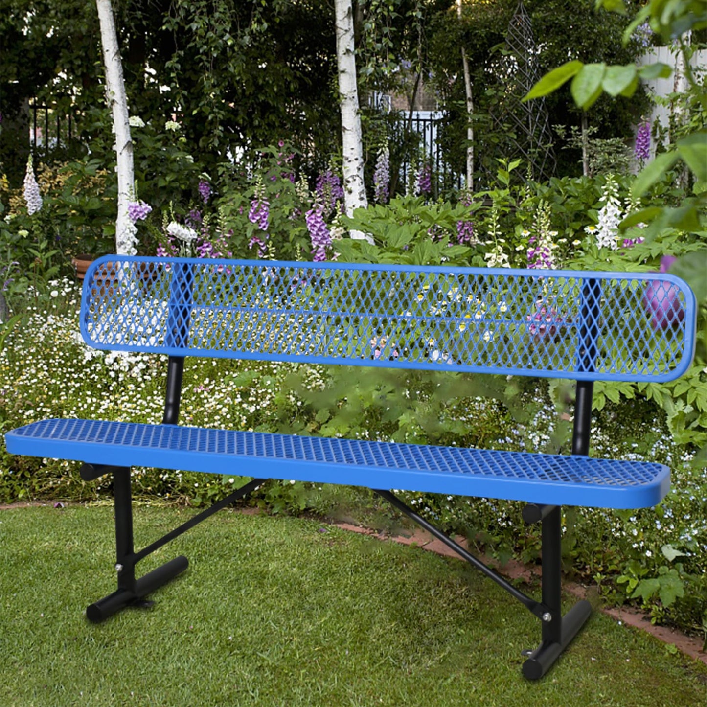 Congfutt 6 Ft Metal Park Bench for Outside, All-Weather Thermoplastic Coating Outdoor Bench with Backrest, Commercial Heavy Duty Benches for Shopping Malls, Stores, Parks, Patios, Decks, Blue