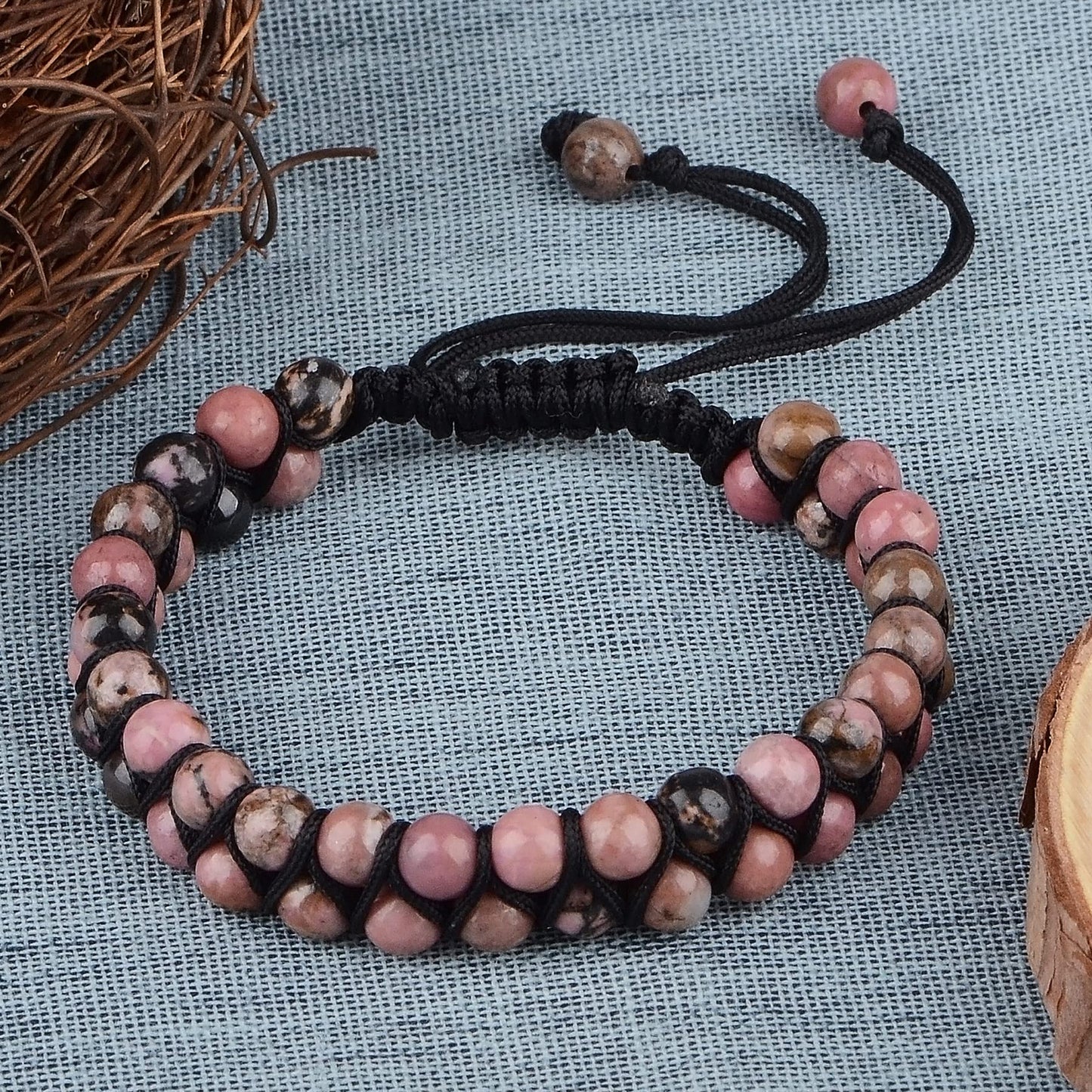 MASSIVE BEADS Natural Chakra Healing Power Crystals Macrame Bracelet Yoga Double Layer Stone Beads Gemstone Meditation Relax Anxiety Bangle for Unisex Women Men (Pink Black Rhodonite, 6mm)