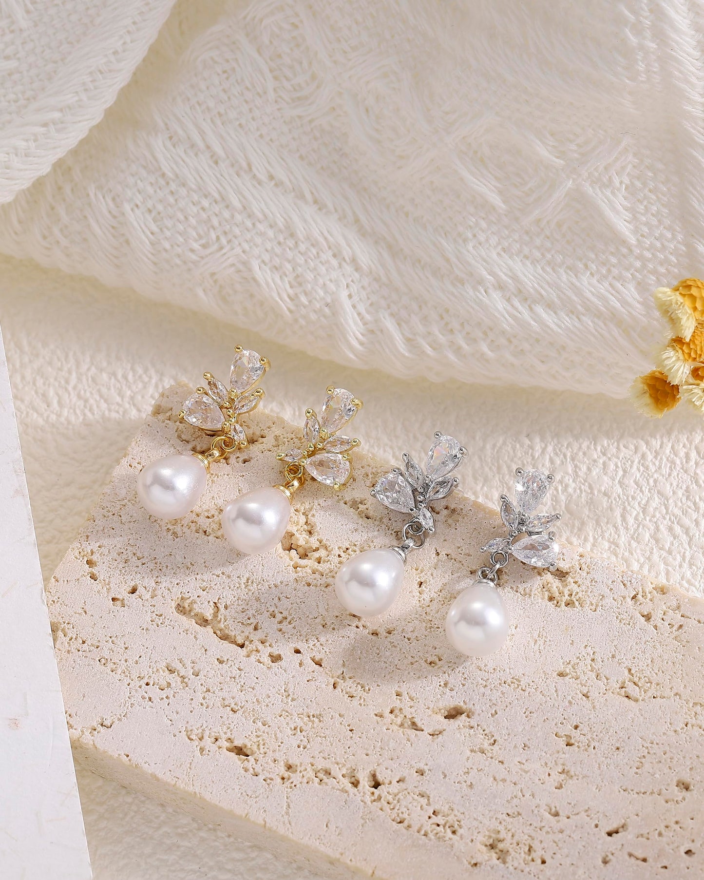 Pearl Earrings for Women, 14k Gold Plated Trendy Cubic Zirconia Pearl Drop Earrings Bridal Shower Gifts for Wedding Party