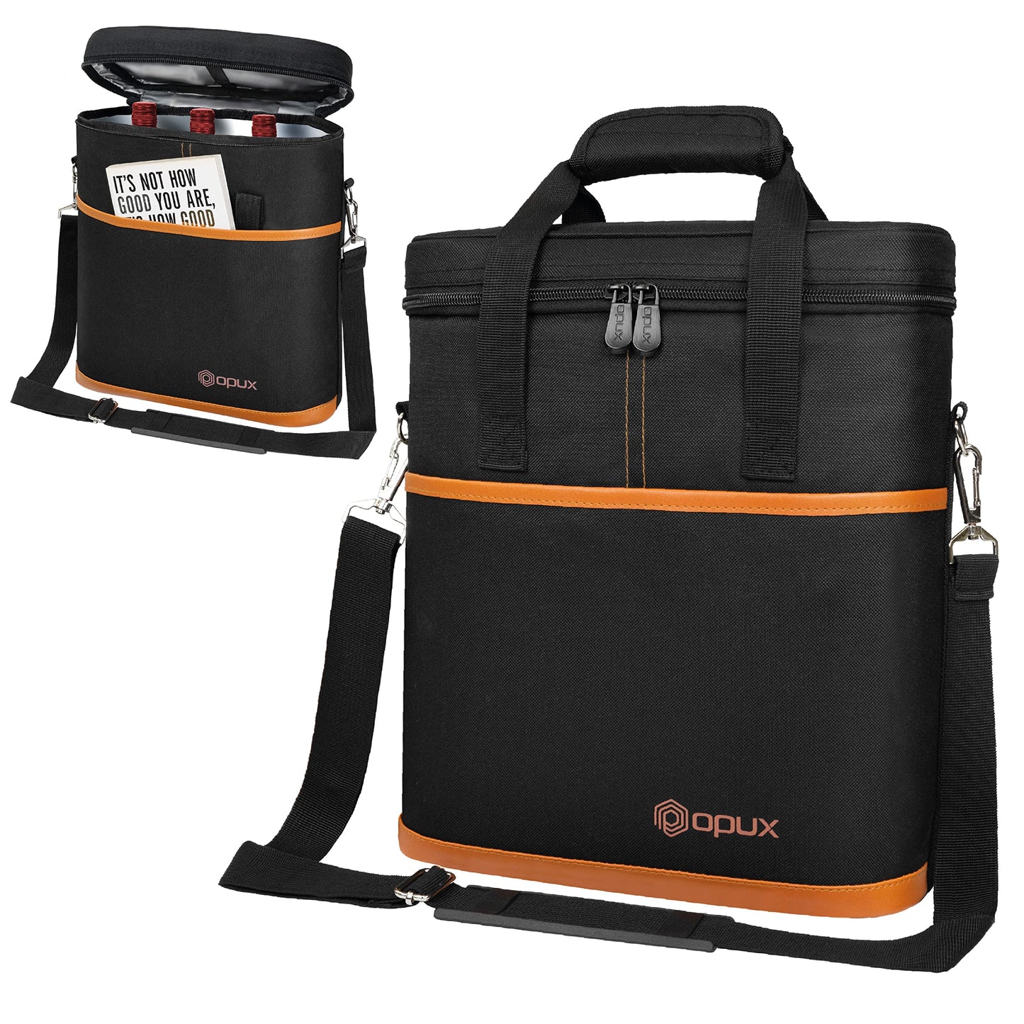 opux 3 Bottle Wine Carrier Tote, Insulated Leakproof Wine Cooler Bag, Wine Travel Bag Tote for Picnic BYOB Beach, Portable Wine Bottle Carrying Case, Gift for Wine Lover Women Men Christmas, Brown