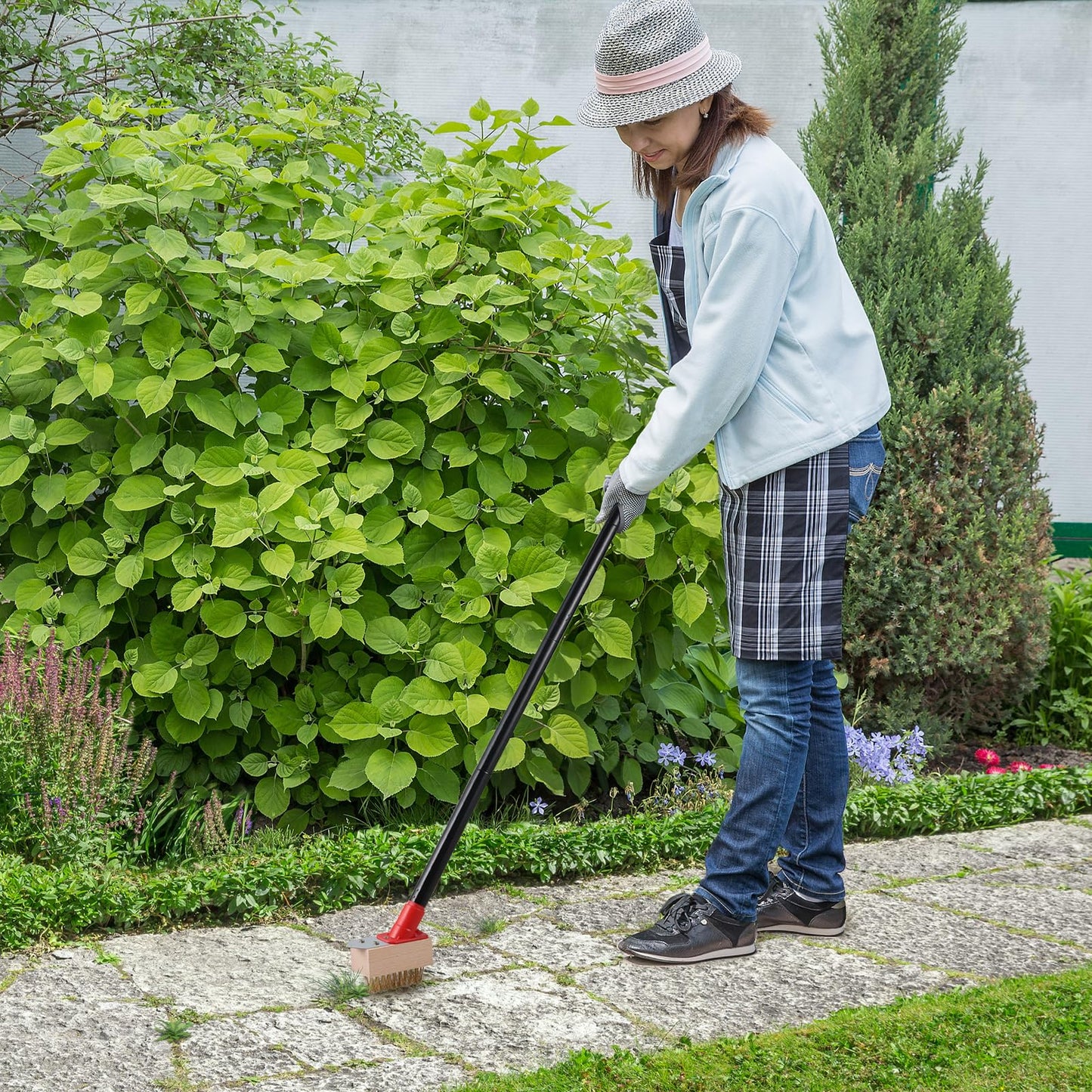 Mitclear Moss Remove Brush with Long Handle(53IN), Deck Crevice Cleaning Tool, Weed Remover with Wire Brush & Metal Blade, Crack Moss Remover for Pavement Driveway Patio Sidewalk Paver(3 Brush Heads)