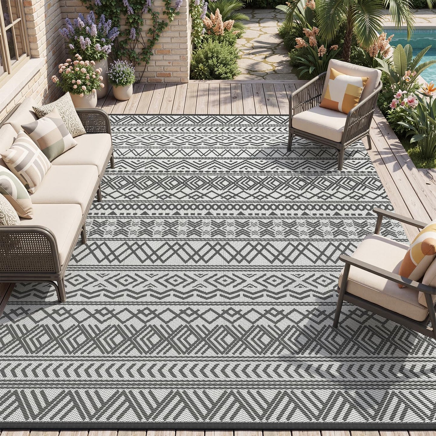 MontVoo Outdoor Rug 8x10 Waterproof Outdoor Patio Rug Mat Reverisble Plastic Straw Outdoor Rug for RV Camping Picnic Beach Balcony Boho Grey