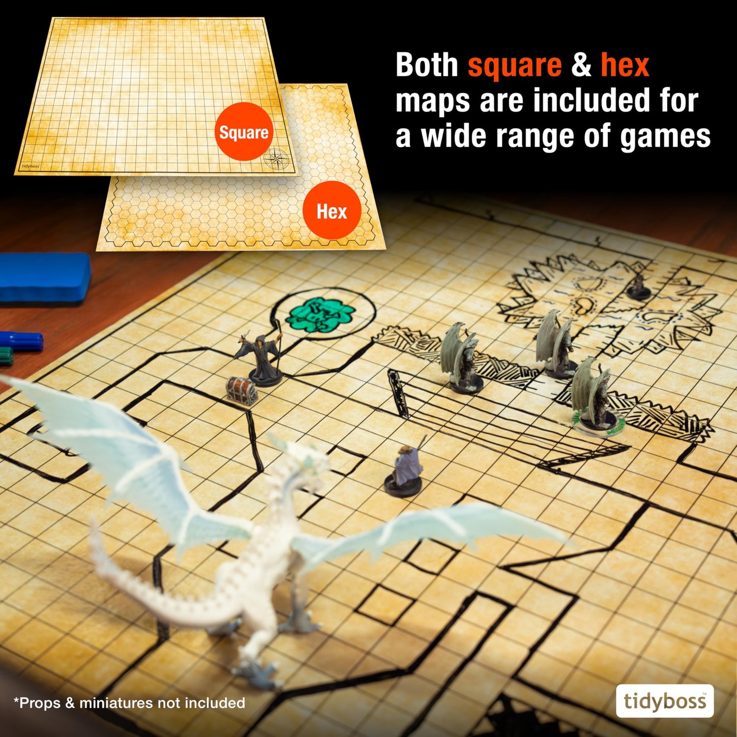 TIDYBOSS Dungeons and Dragons Foldable Battle Mats | 2 x Battle Grid Mats with Dungeon Master Screen | Wet & Dry Erase DND Board Game | DND Gifts & DND Accessories