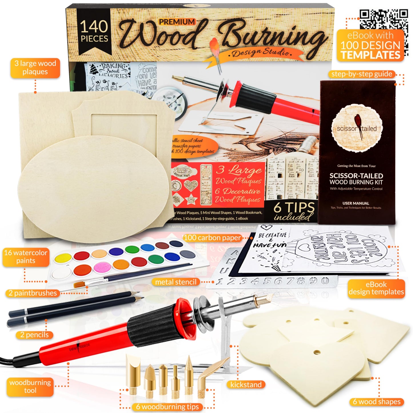 Scissor-Tailed Beginners Wood Burning Kit 140 Pieces. Best Gift Idea for Art & Craft Kit Lovers. Woodburning DIY Hobby Kits with 9 Large Wooden Plaques to Make Unique Wood Burning Projects