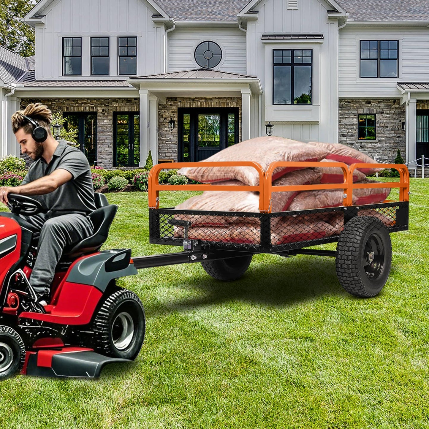 Heavy Duty Dump Cart ATV/UTV Trailer,1600 Lbs 15 Cubic Feet,Garden Trailer Pull Behind with Removable Sides & All Terrain Tires,for Lawn Tractor, Mower, Garden,Orange