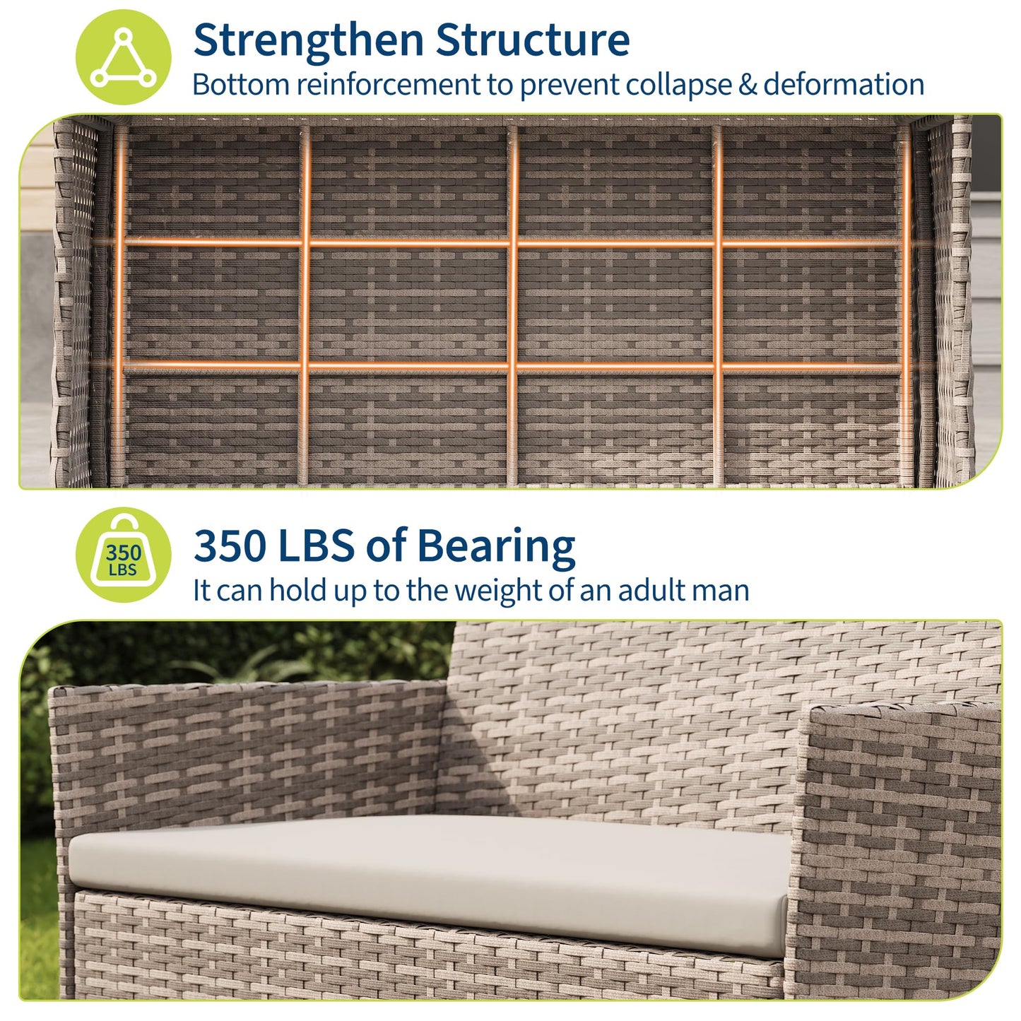 GAOMON 4-Piece Outdoor Conversation Set, PE Rattan Wicker Patio Furniture Set with Cushions, Loveseat and 2 Armchairs, Tempered Glass Coffee Table,Gray Gradient