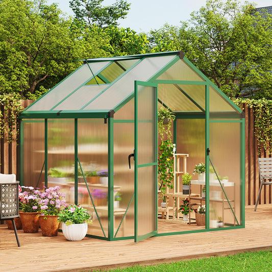 6X6 FT Greenhouse for Outdoors, Large Walk-in Polycarbonate Greenhouse Kit, Aluminum Frame, Lockable Door, Roof Vent, Ground Spikes, for Garden, Patio, Backyard, Outdoor Plant Growth