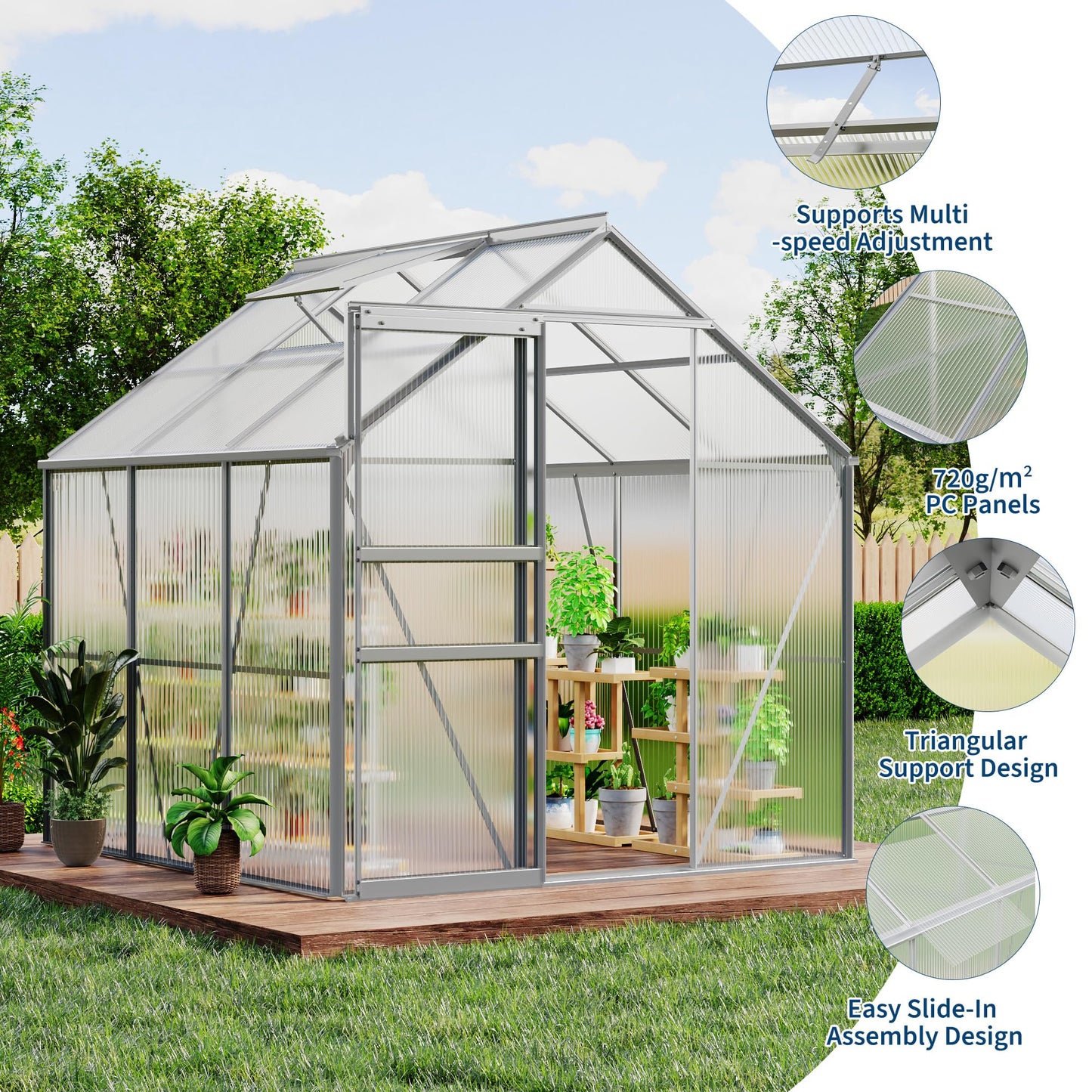 GarveeHome 6 x 6 FT Polycarbonate Greenhouse, Winter Greenhouses for Outdoors with Aluminum Frame, Sliding Door, Adjustable Roof Vent, Backyard Green Houses, Patio Garden, Silver