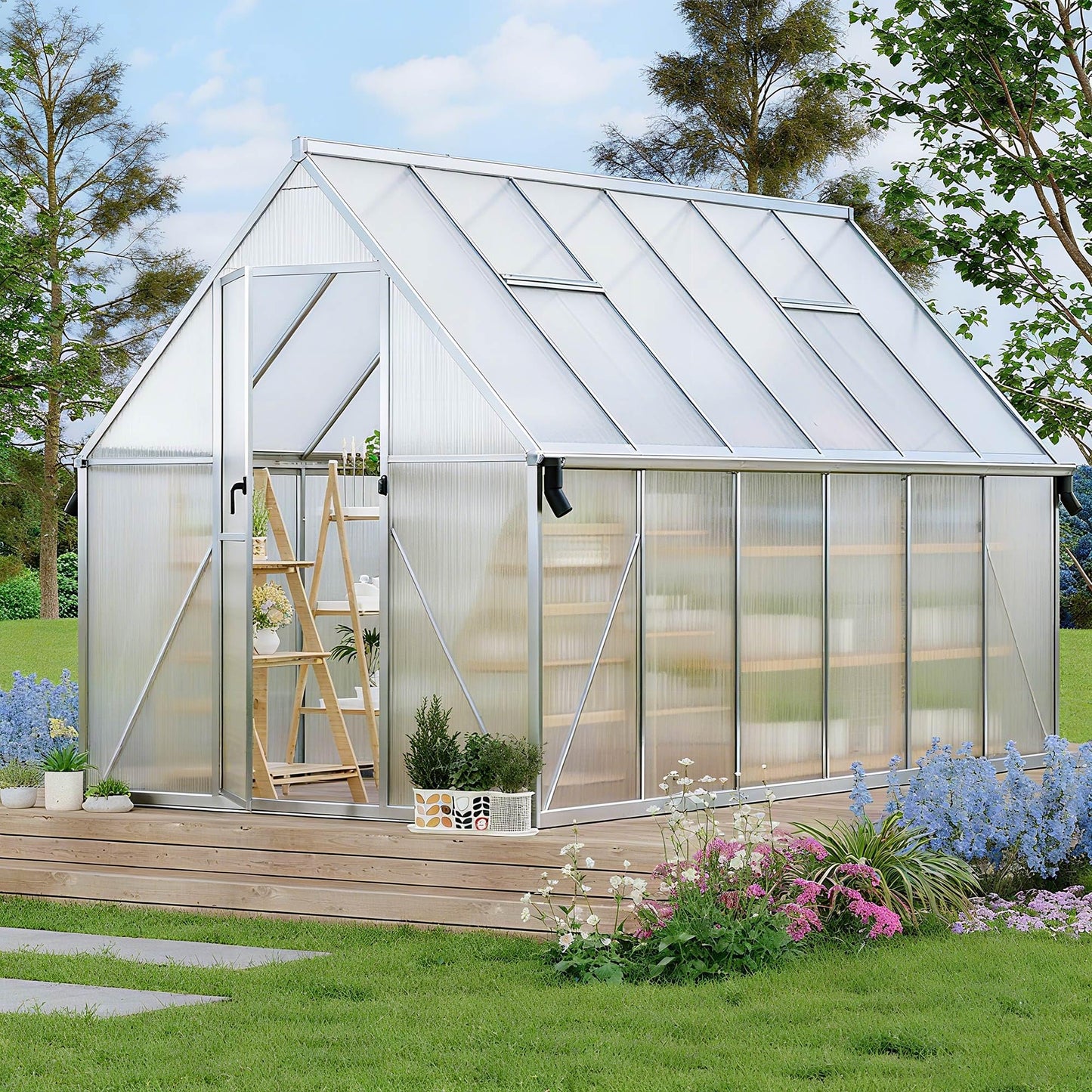 8x12ft Greenhouses for Outdoors, Polycarbonate Greenhouse with Roof Vent, Aluminum Frame Walk-in Greenhouse Kit for Backyard All Seasons Use