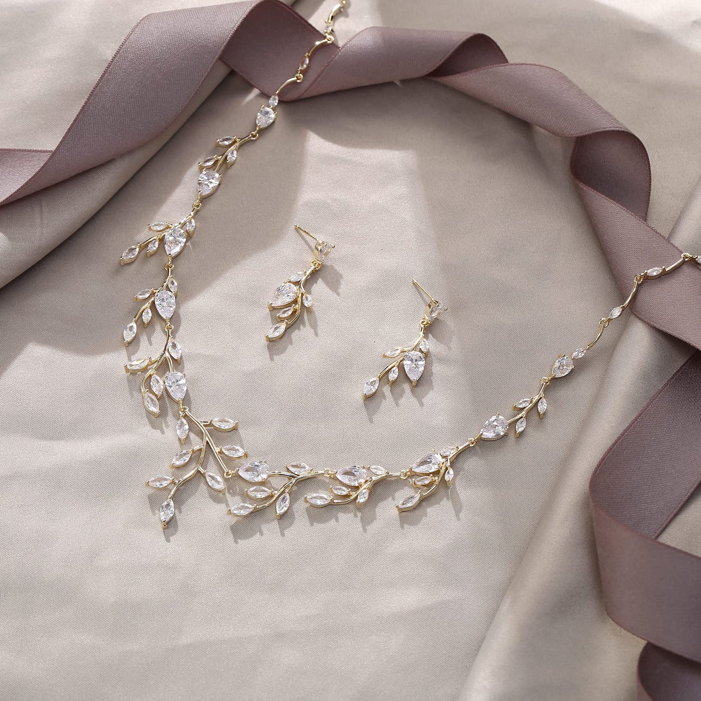 EVER FAITH Wedding Jewelry for Bride Women Bridesmaid, Sparkly Cubic Zirconia Pear-Shaped Birthstone Leaf Necklace Earrings Set for Prom Clear Gold-Plated-Brass