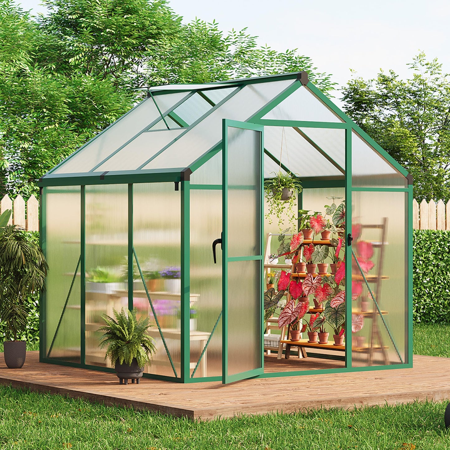 6X6 Ft Polycarbonate Greenhouse Sunroom with Aluminum Frame, Outdoor Greenhouse for Vegetables Herbs Flowers, Lockable Door & Adjustable Roof Vent, Patio Backyard Greenhouse Kit for Gardening, Green