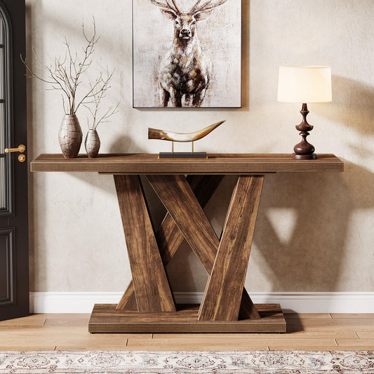 Tribesigns 55-Inch Farmhouse Console Table, Farmhouse Behind The Couch Table TV Stand with Geometric Base, Skinny Sofa Table Entryway Table for Entrance, Living Room, Hallway, Foyer, Rustic Brown
