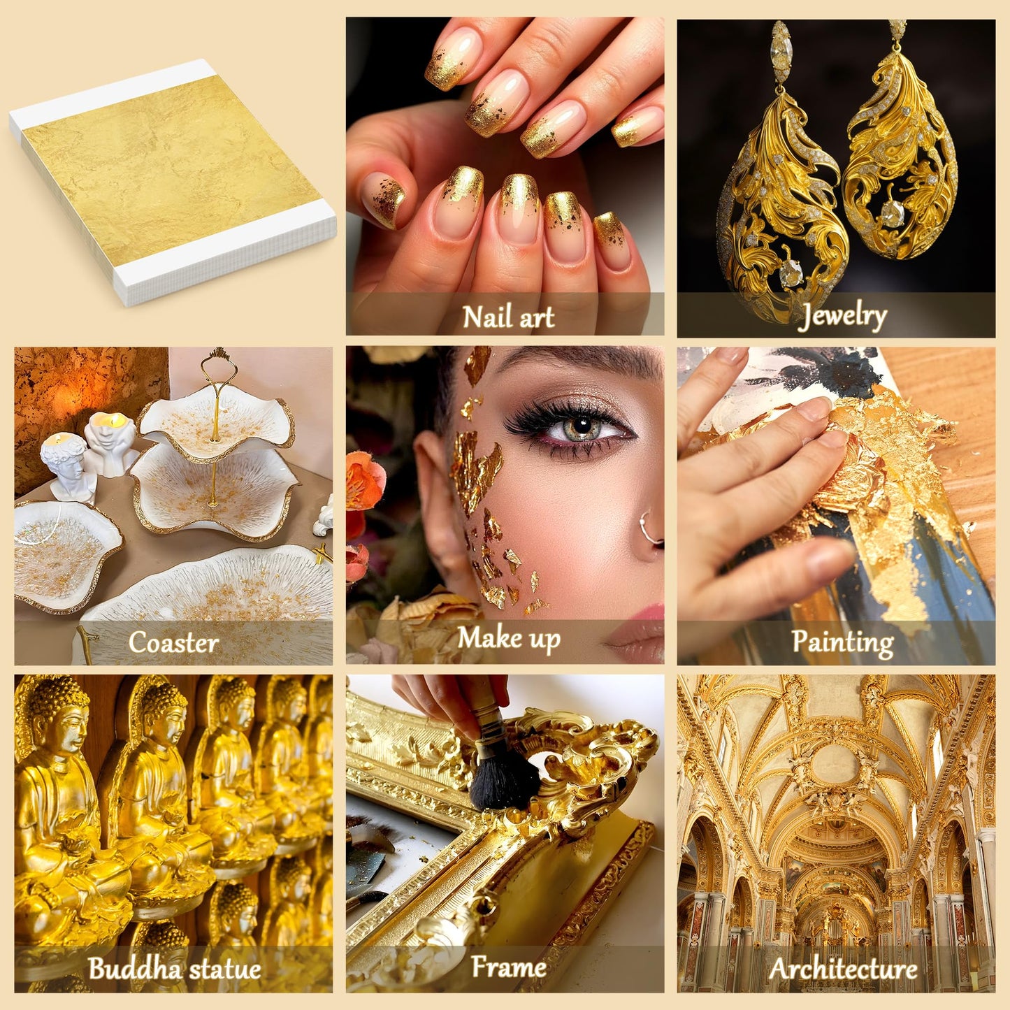 600Pcs Gold Leaf Sheets, 5.1"x5.1" Imitation Transfer Gold Leaf Sheets for Art, No Edible Glitter Gold Flakes Foil Paper Sheets for Nail Painting Jewelry Furniture Renovation & Gilding DIY Crafts