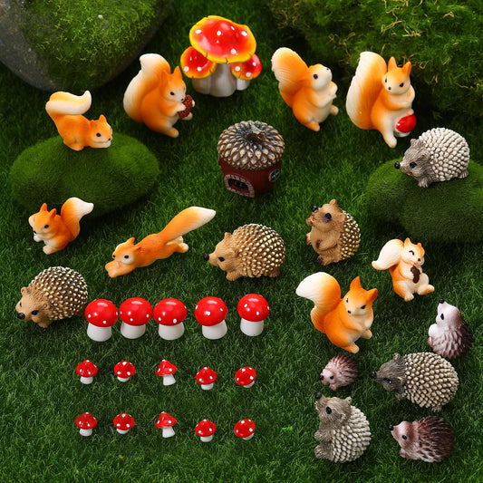 GGSTDDUP Fairy Garden Accessories, 34 Pieces Resin Squirrel Figures Miniature Garden Ornaments Hedgehog Mushroom Animal Kit for Outdoor DIY Terrarium Potted Plants Dollhouse Desk Decor